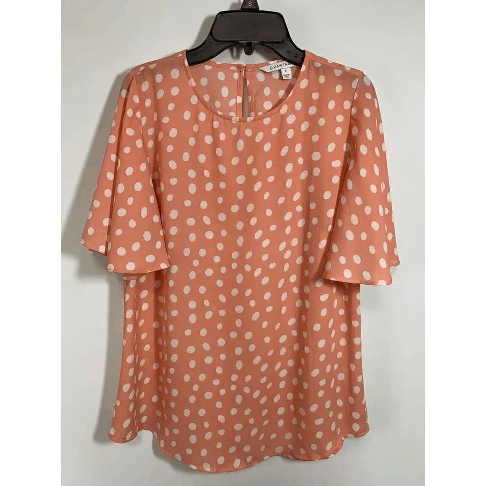 41 Hawthorn Womens Polka Dot Crew Neck Short Sleeve Top Blouse Peach Size Small